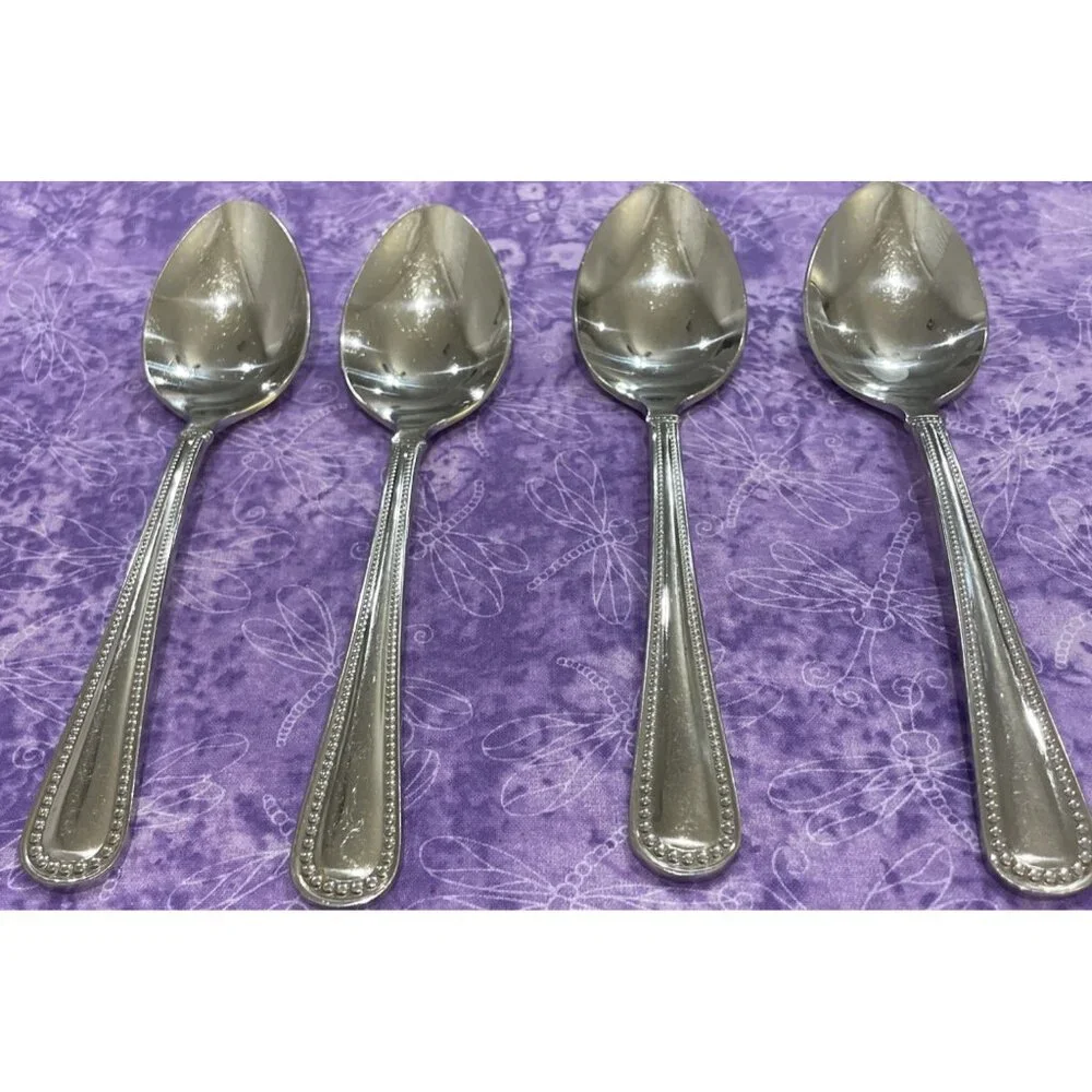 Reed & Barton Kendall Stainless Oval Soup Spoons‎ 4 Piece Set Beaded Outline